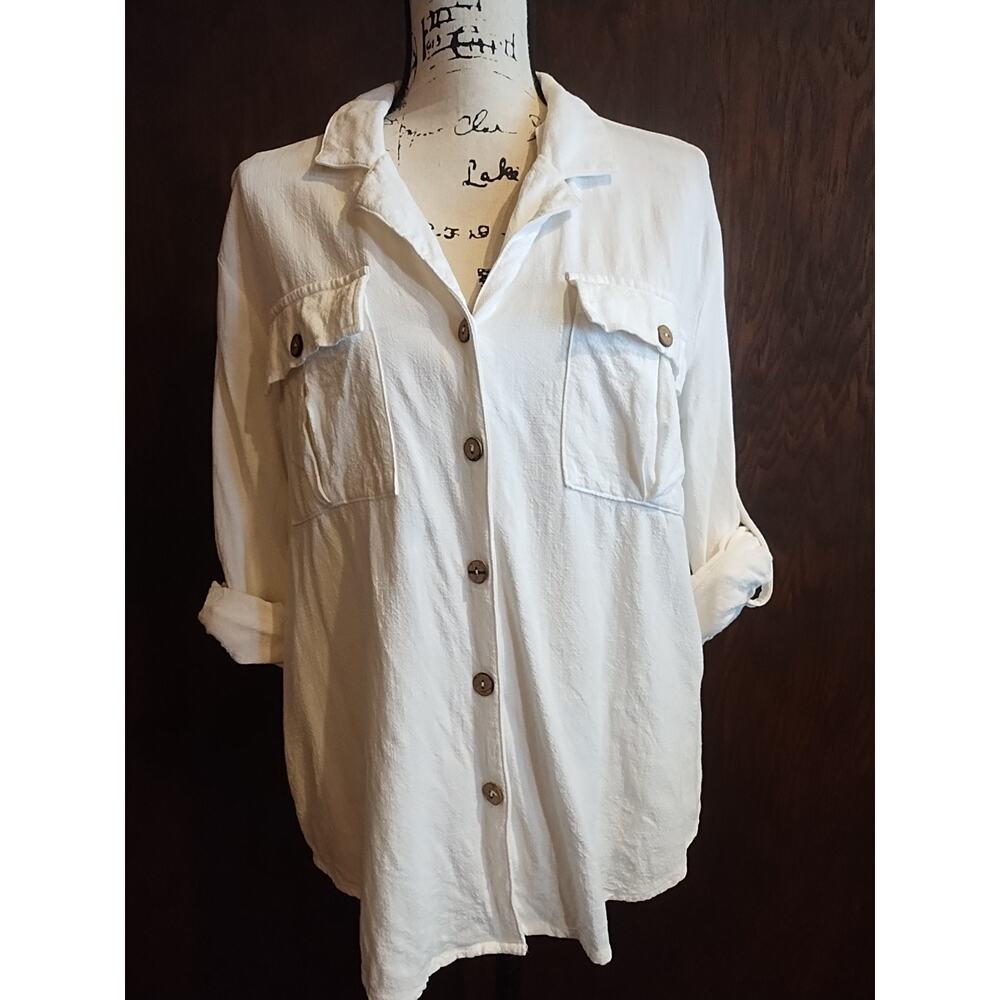 Womens Small Linen Blouse Size Button tab Ivory Oversized Top Shirt Promesa